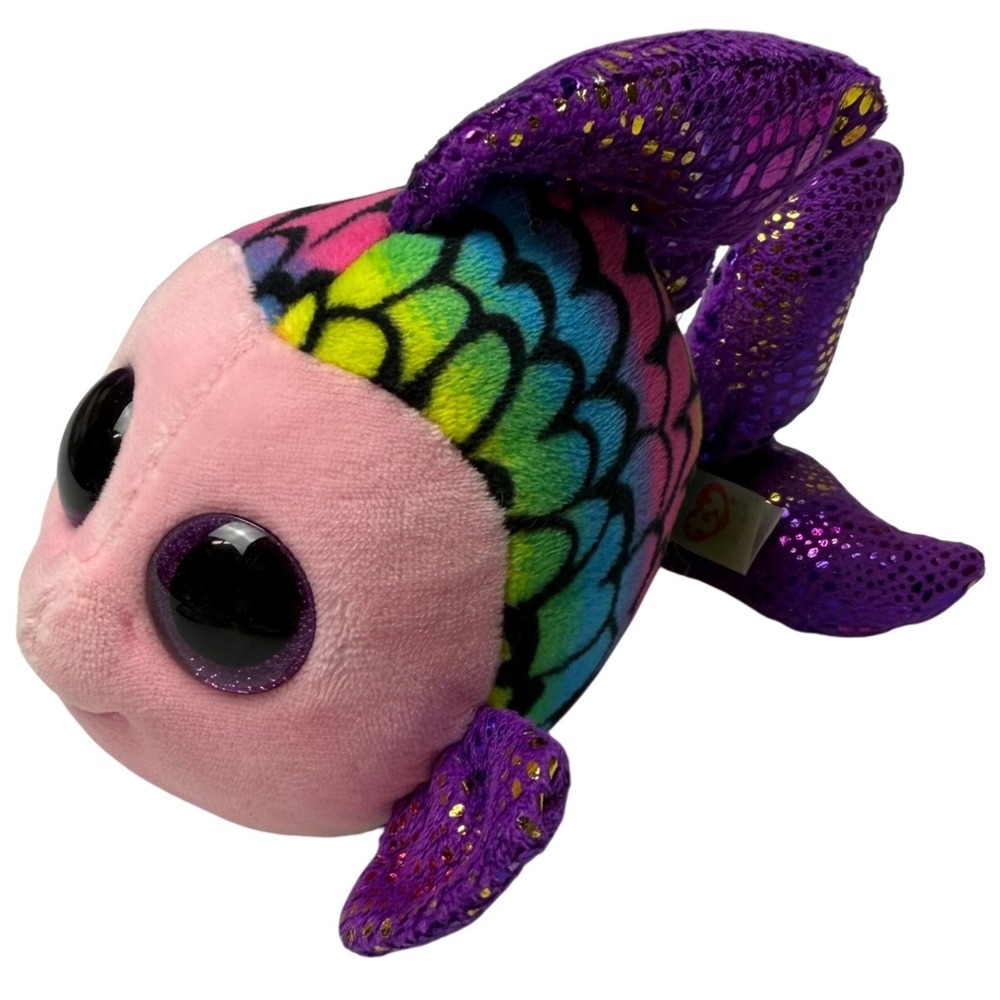 Ty Beanie Boos Flippy the Fish Plush Rainbow Purple‎ Gold Glitter Eyes 6" 2017